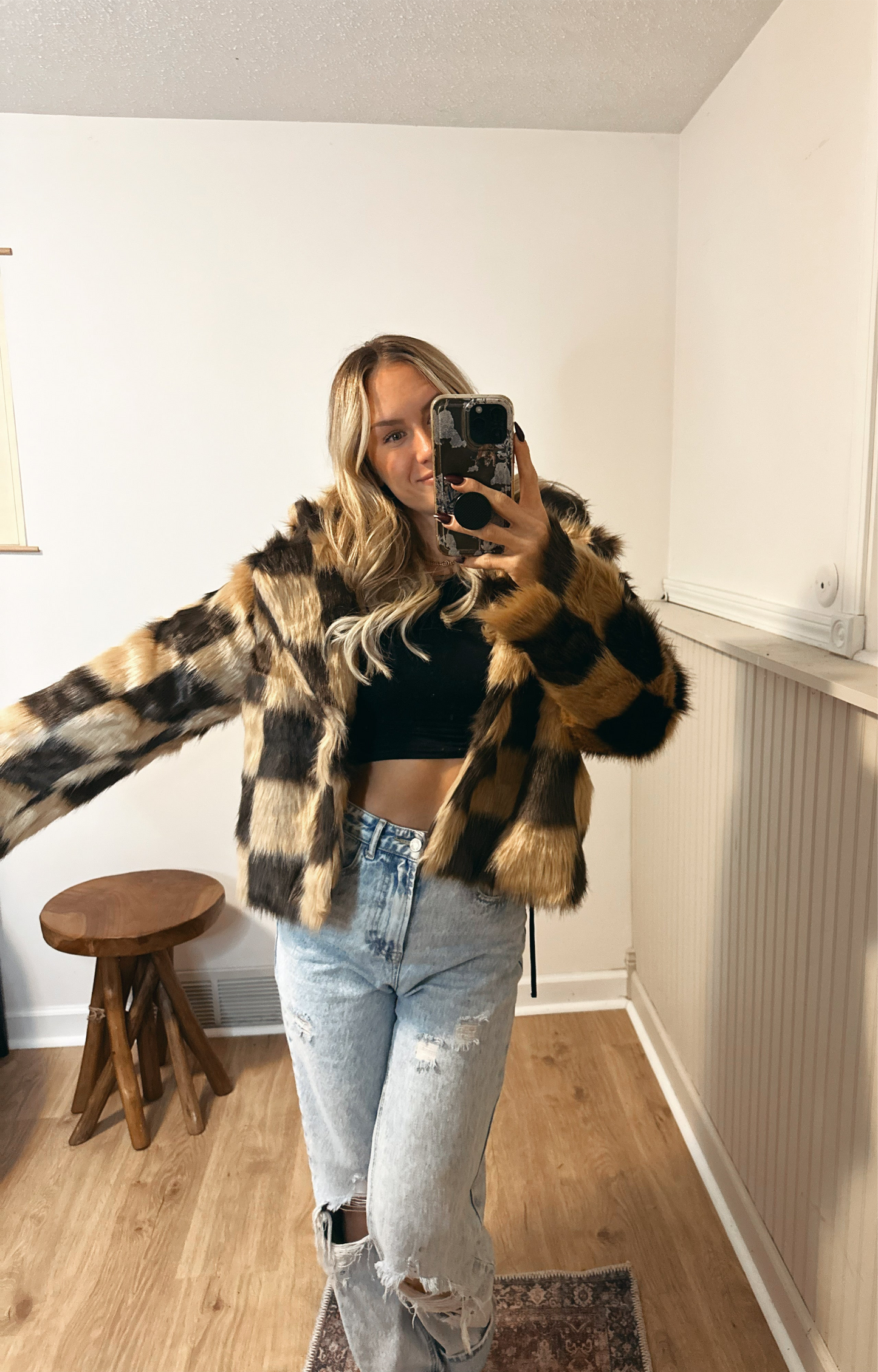 Checked Out Faux Fur Jacket